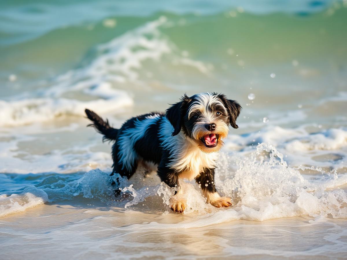 A Portuguese Water Dog puppy splashing in ocean surf
